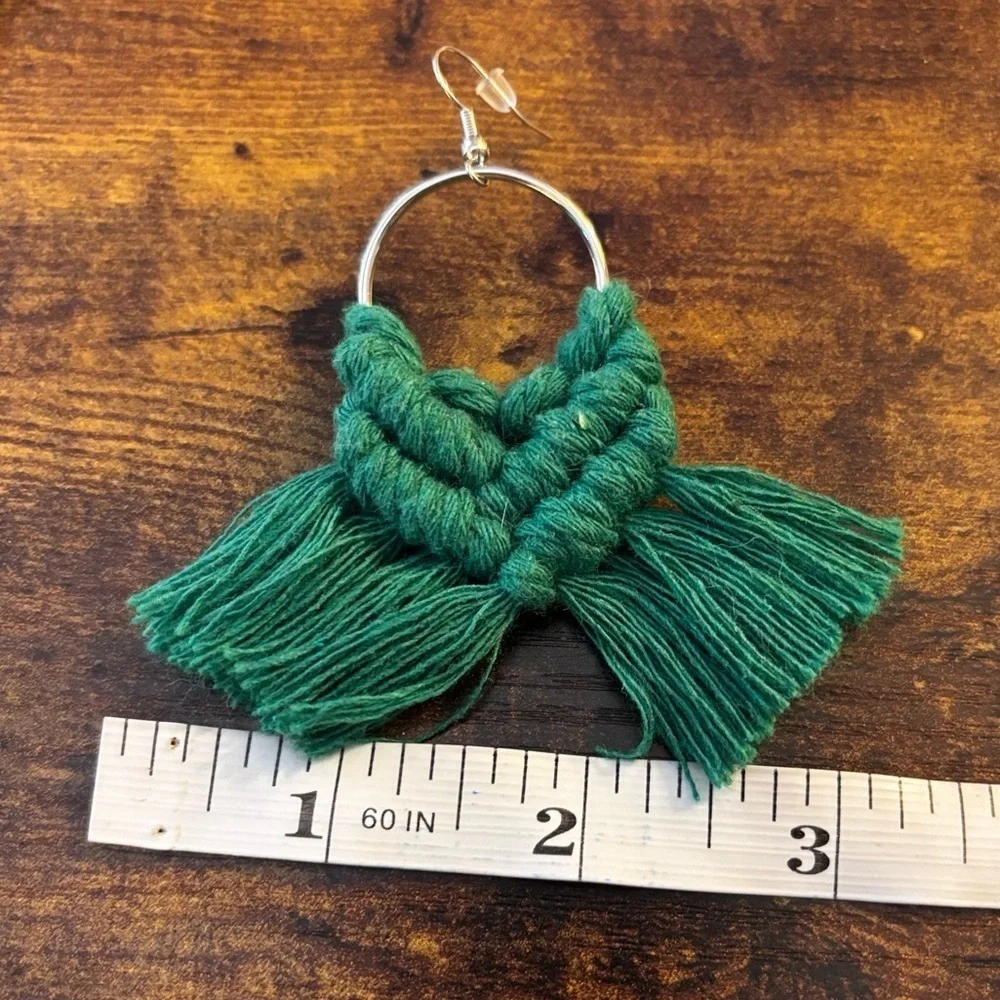 Kelly Green Macramé Tassel Hoop Earrings